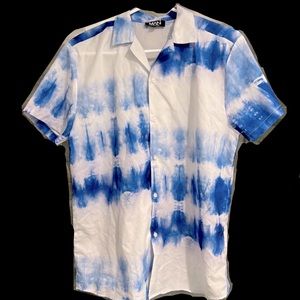 boohooMAN • Blue & White, tie-dye, short sleeve, button down, collar shirt